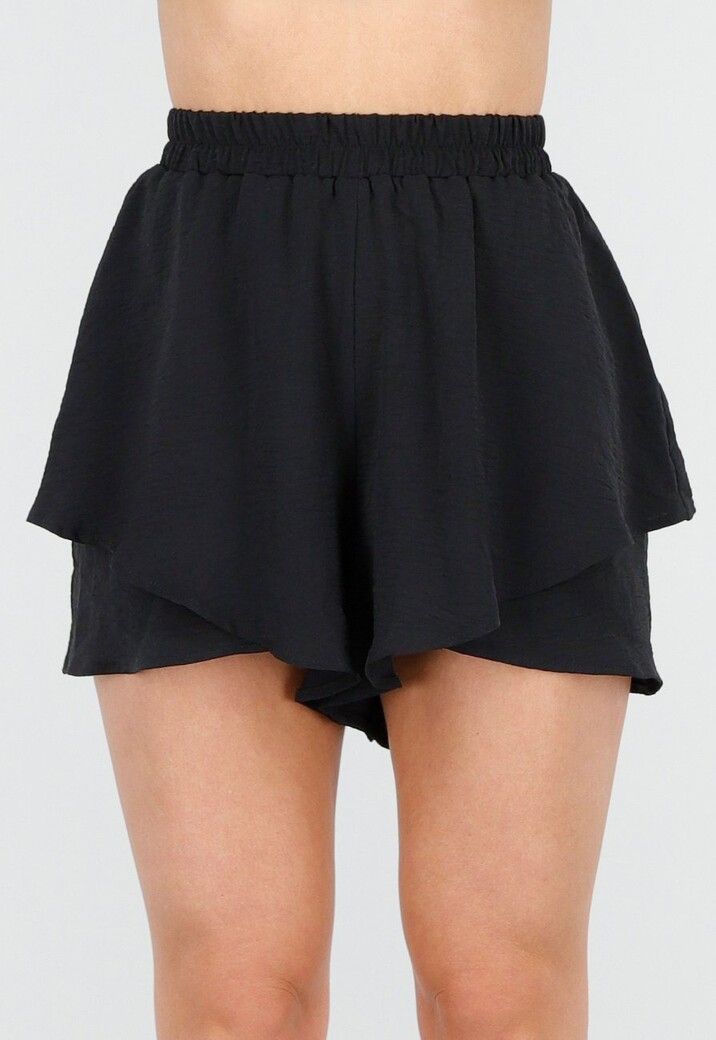 Zwarte Gelaagde Linnenlook Short met Stretch Band