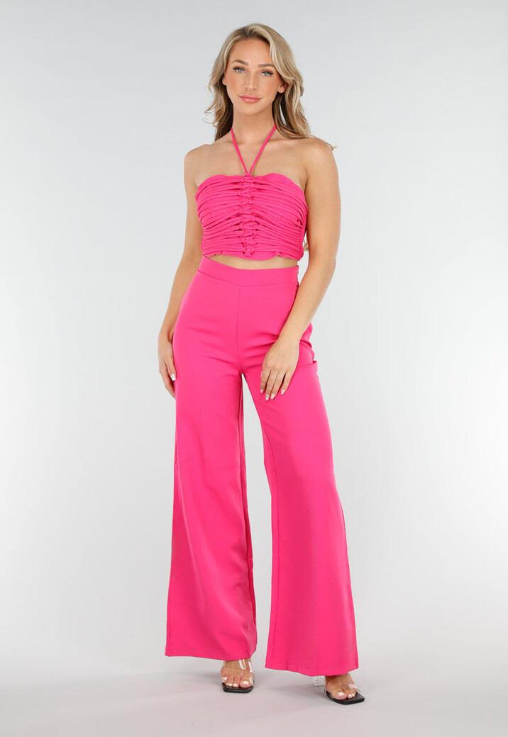 Roze Set met Geplooide Halter Crop Top en Wijde High Waist Broek