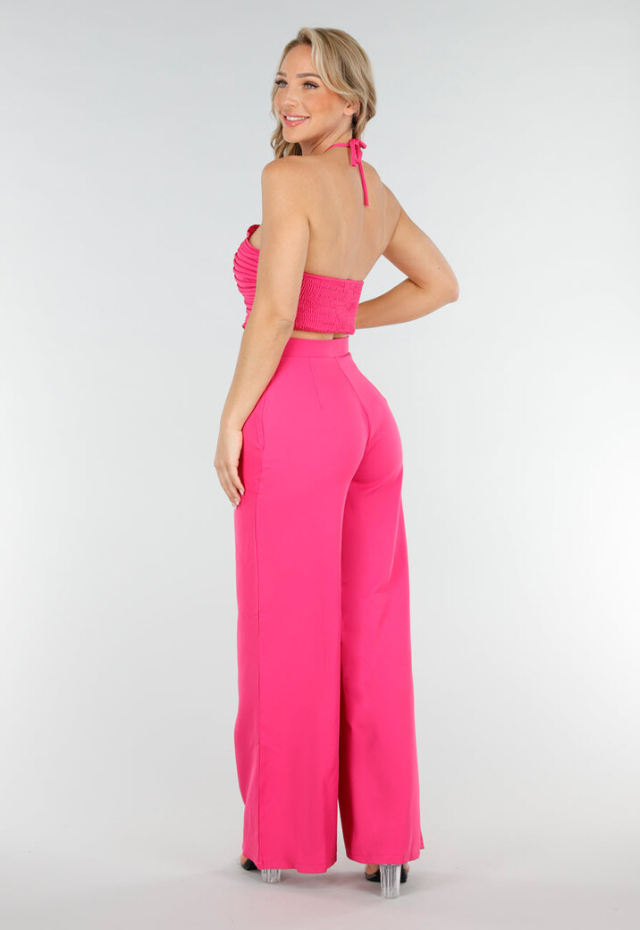 Roze Set met Geplooide Halter Crop Top en Wijde High Waist Broek