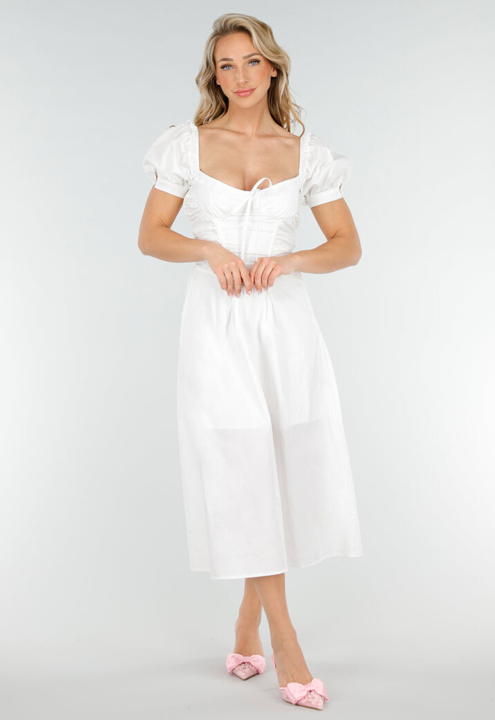 Witte Midi Jurk met Pofmouwen, Vetersluiting en Strikkoord