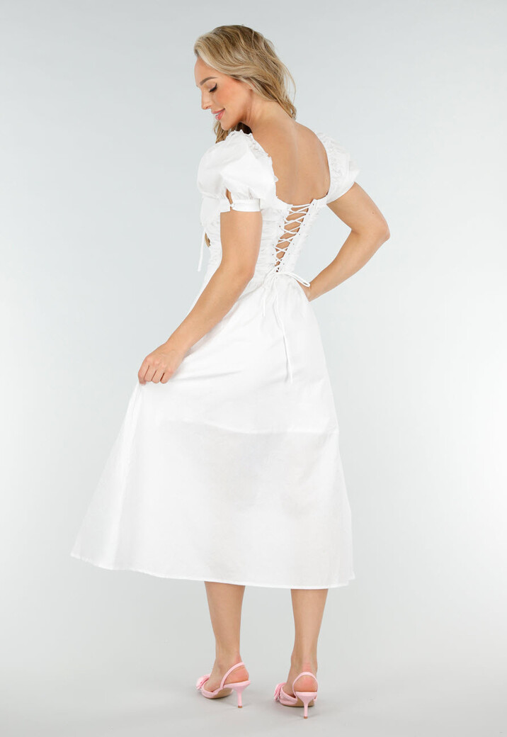 Witte Midi Jurk met Pofmouwen, Vetersluiting en Strikkoord
