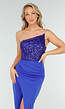 Blauwe Avondjurk met Pailletten Top en Hoge Split in Maxi Lengte