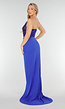 Blauwe Avondjurk met Pailletten Top en Hoge Split in Maxi Lengte