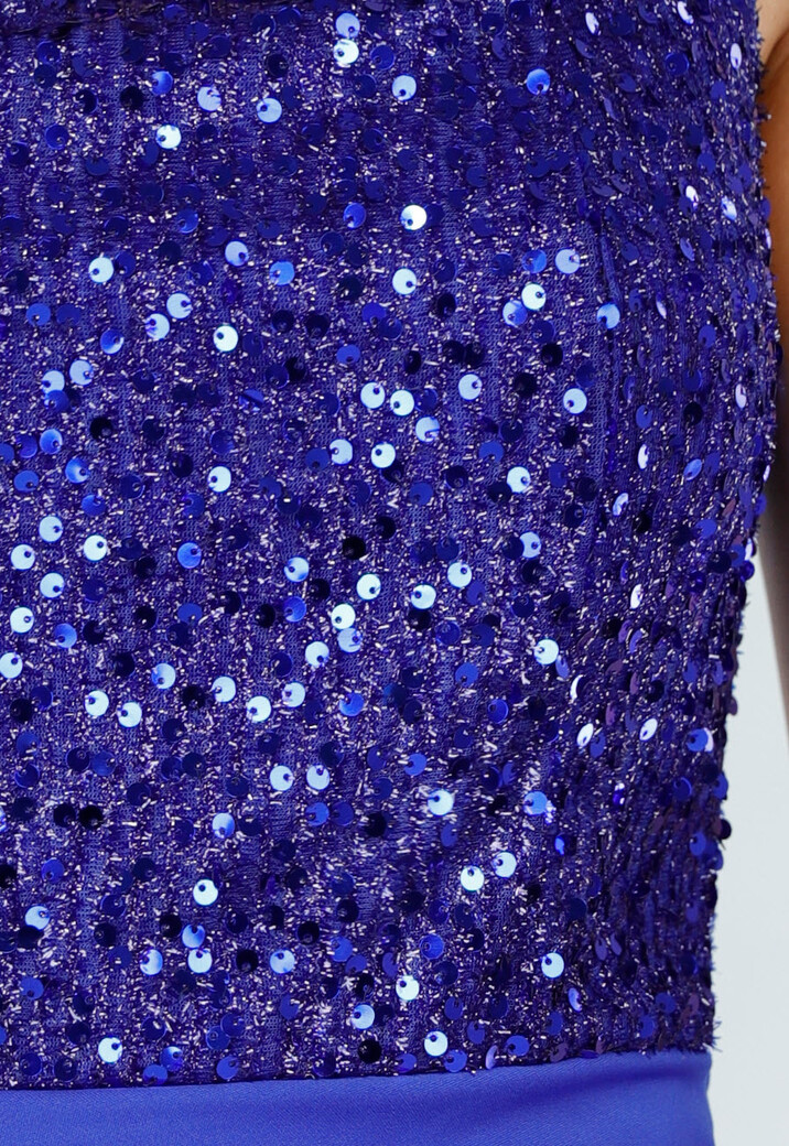 Blauwe Avondjurk met Pailletten Top en Hoge Split in Maxi Lengte