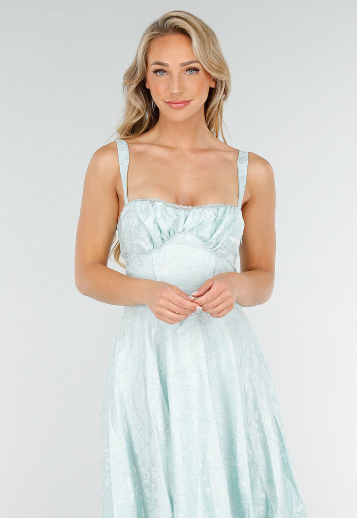 Mintgroene Midi Jurk met Brede Bandjes en Licht Glanzend Motief