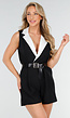 Zwart-Witte Playsuit met Reverskraag, Riem en Mouwloos Design