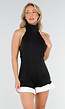 Zwarte Halter Playsuit Met Hoge Kraag en Witte Ruches Aan De Zoom