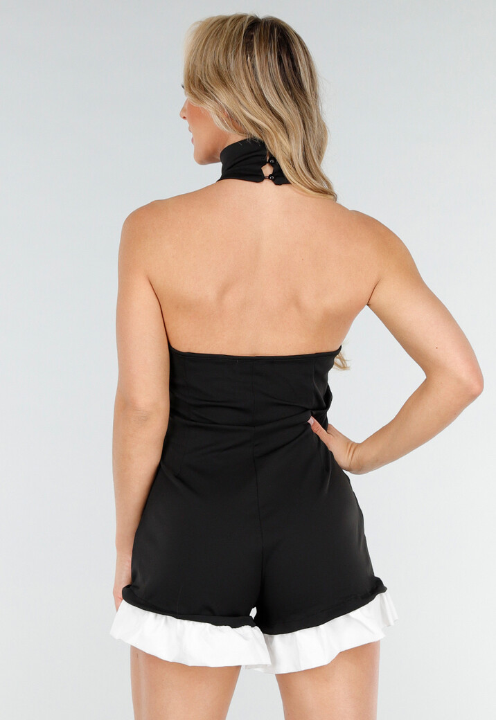 Zwarte Halter Playsuit Met Hoge Kraag en Witte Ruches Aan De Zoom