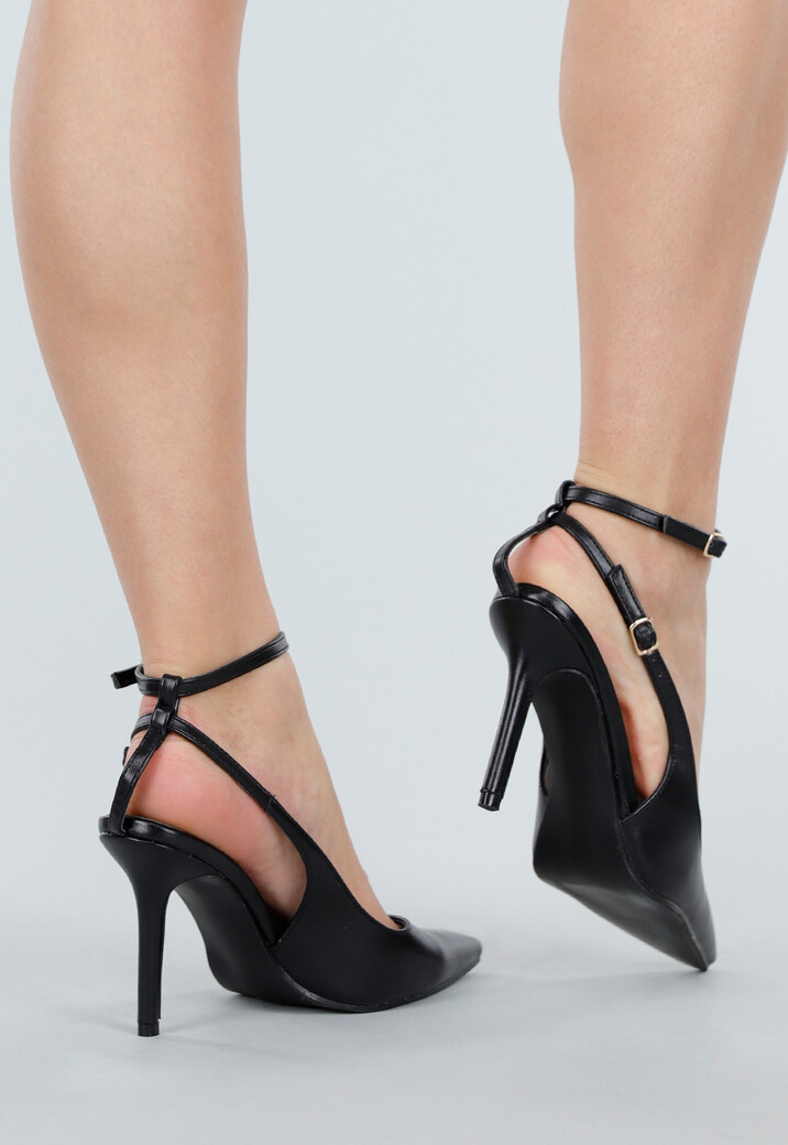 Zwarte Pumps met Enkelbandje en Spitse Neus met Hoge Hak