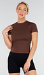 Bruine Sporttop met Ronde Hals, Korte Mouwen en Stretch