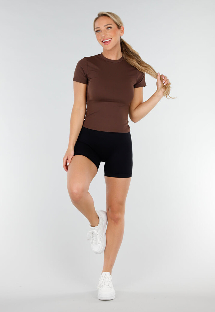 Bruine Sporttop met Ronde Hals, Korte Mouwen en Stretch