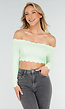 Mintgroene Off Shoulder Crop Top met Lange Mouwen en Pads