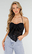 Zwarte Kanten Stretch Halter Top Met Striksluiting en Transparante Stof
