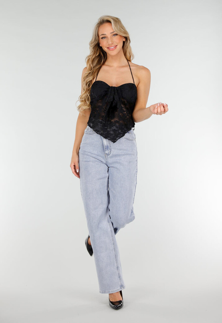 Zwarte Kanten Stretch Halter Top Met Striksluiting en Transparante Stof