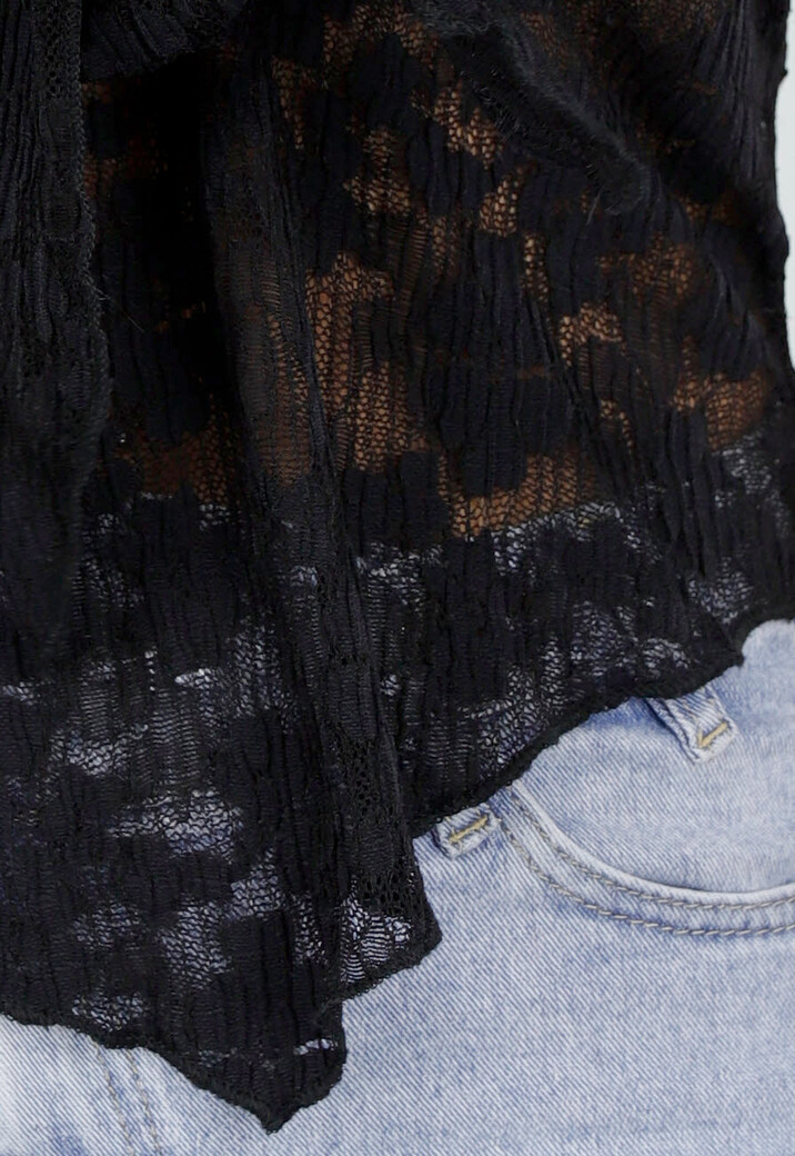 Zwarte Kanten Stretch Halter Top Met Striksluiting en Transparante Stof