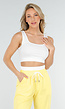 Witte Crop Top en Butter Yellow Wijde Broek Set met Elastische Taille