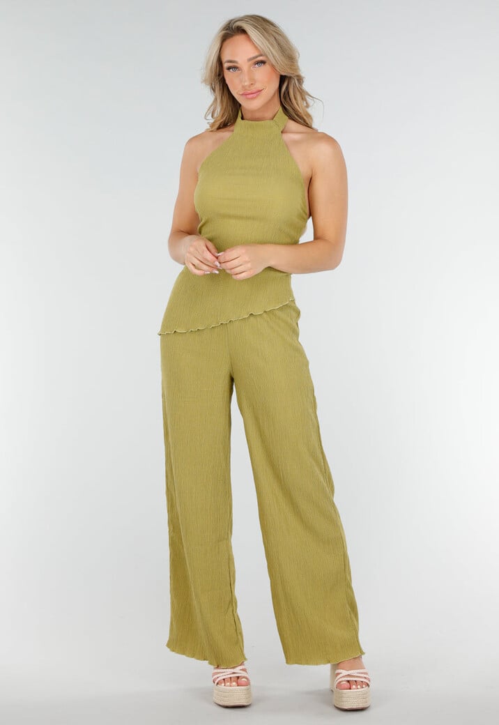 Groene Haltertop en Wijde Broek Set met Stretch