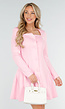 Lichtroze Stretch Jurk met Knopen, Vierkante Hals en Plooien
