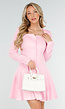 Lichtroze Stretch Jurk met Knopen, Vierkante Hals en Plooien
