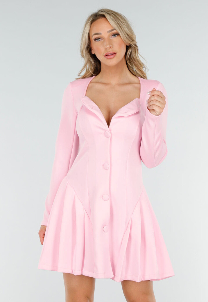 Lichtroze Stretch Jurk met Knopen, Vierkante Hals en Plooien