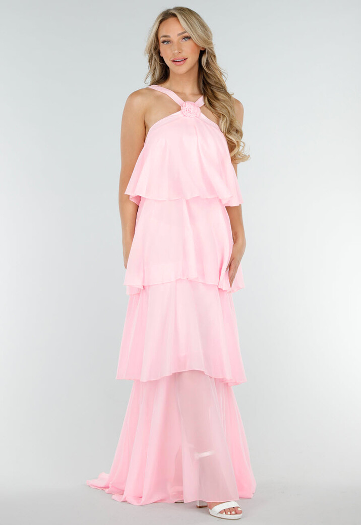 Lichtroze Lange Jurk met Ruches en Bloemdetail op de Halslijn