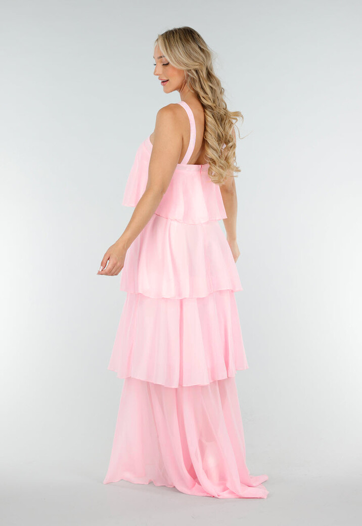 Lichtroze Lange Jurk met Ruches en Bloemdetail op de Halslijn