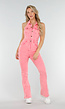 Roze Denim Halter Jumpsuit met Knoopsluitingen