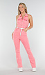 Roze Denim Halter Jumpsuit met Knoopsluitingen