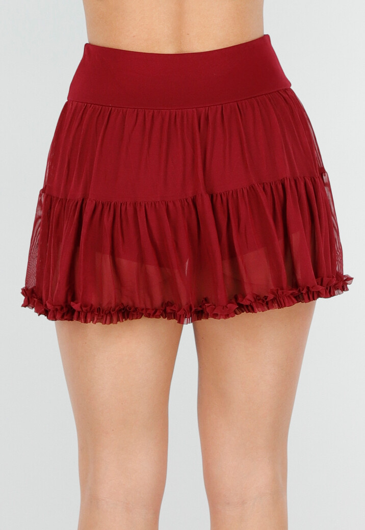 Bordeauxrode Mesh Skort met Short, Stretch en Ruffle Rand