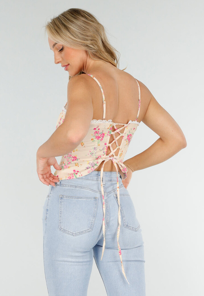 Lichtgele Korset Top met Bloemenprint en Vetersluiting