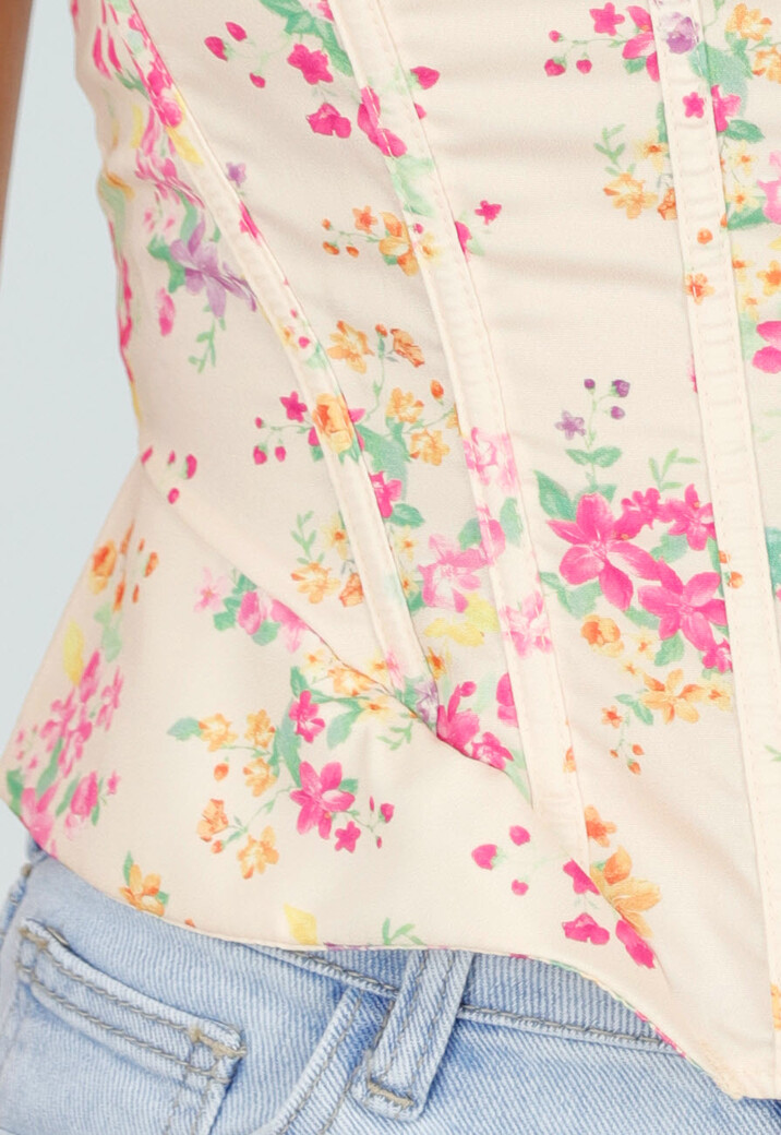 Lichtgele Korset Top met Bloemenprint en Vetersluiting