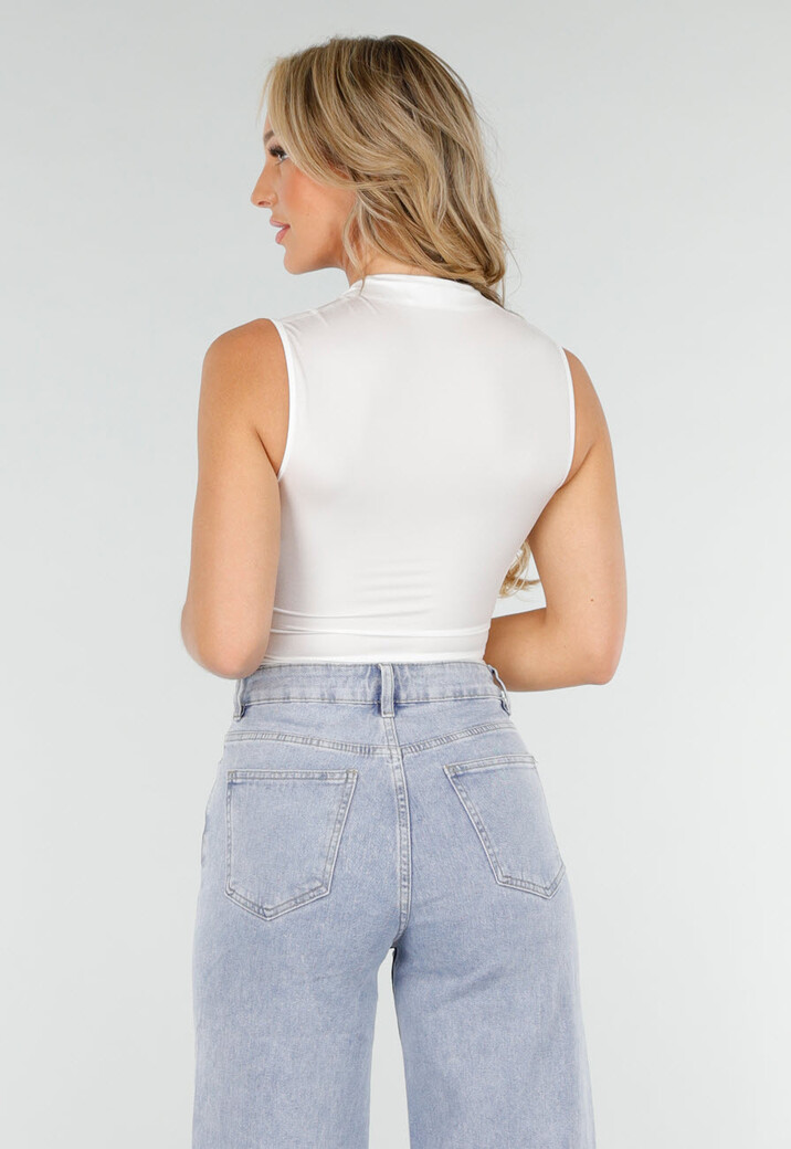 Witte Mouwloze Crop Top met Haaksluiting en Stretch