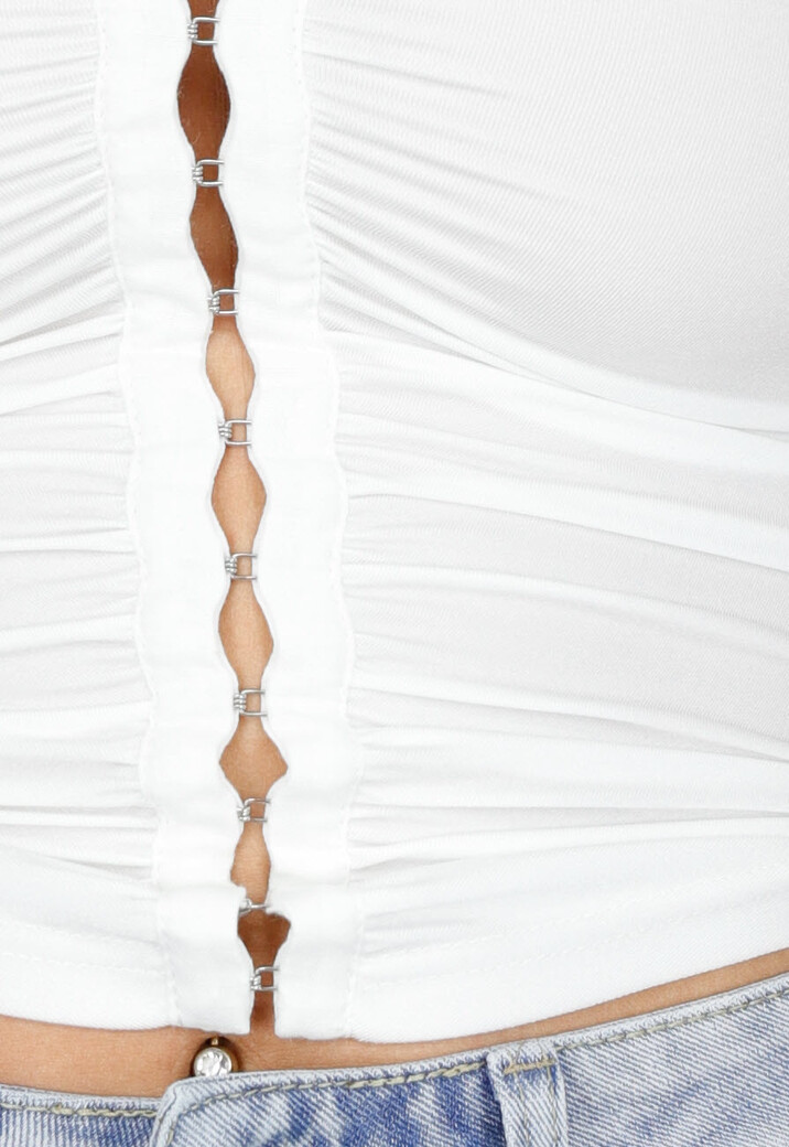 Witte Mouwloze Crop Top met Haaksluiting en Stretch