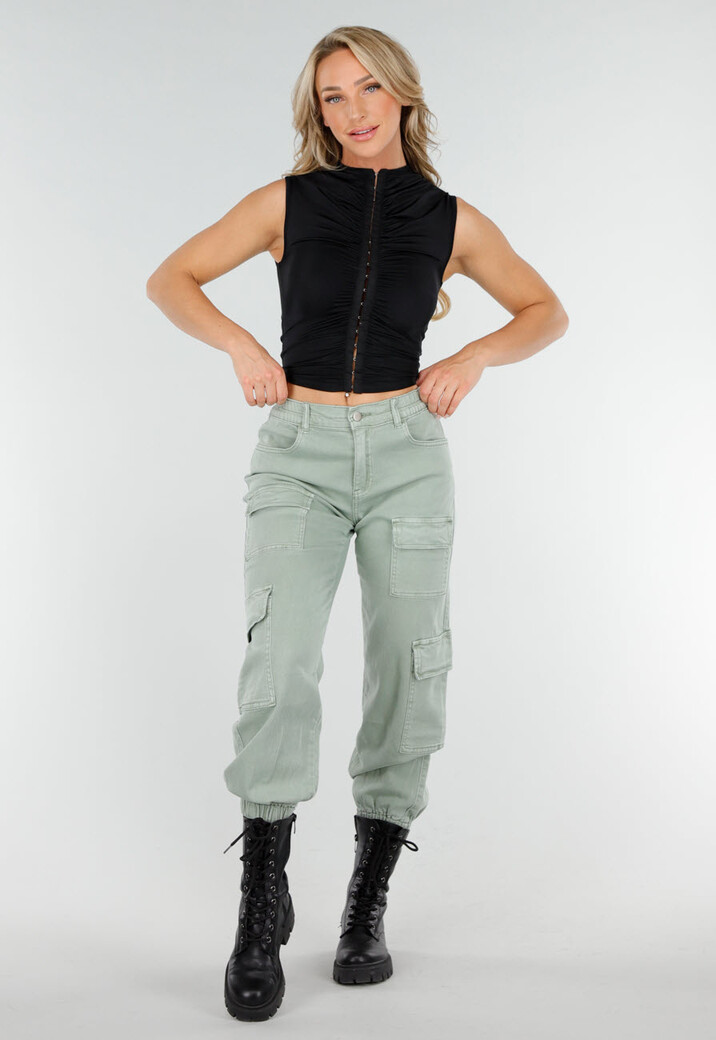 Zwarte Mouwloze Crop Top met Haaksluiting en Stretch