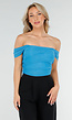 Blauwe Mesh Off Shoulder Top met Stretch en Drapé Effect