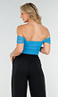 Blauwe Mesh Off Shoulder Top met Stretch en Drapé Effect