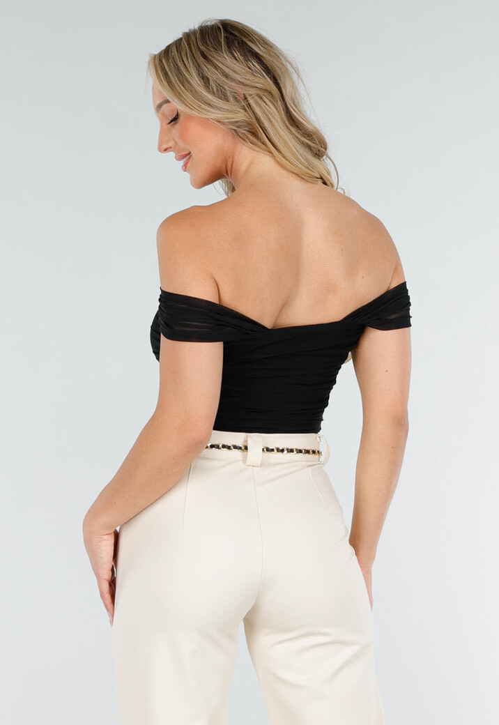 Zwarte Mesh Off Shoulder Top met Drapé Effect en Stretch