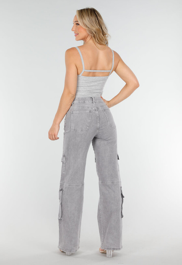 Grijze Cut-Out Top met Spaghetti Bandjes en Stretch