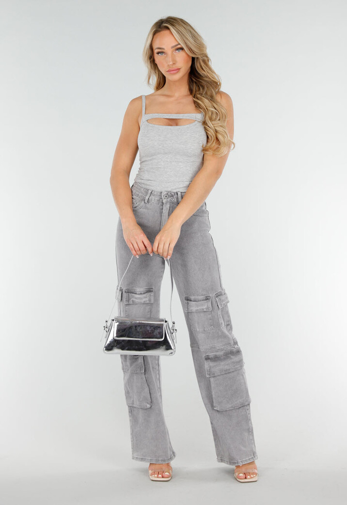 Grijze Cut-Out Top met Spaghetti Bandjes en Stretch