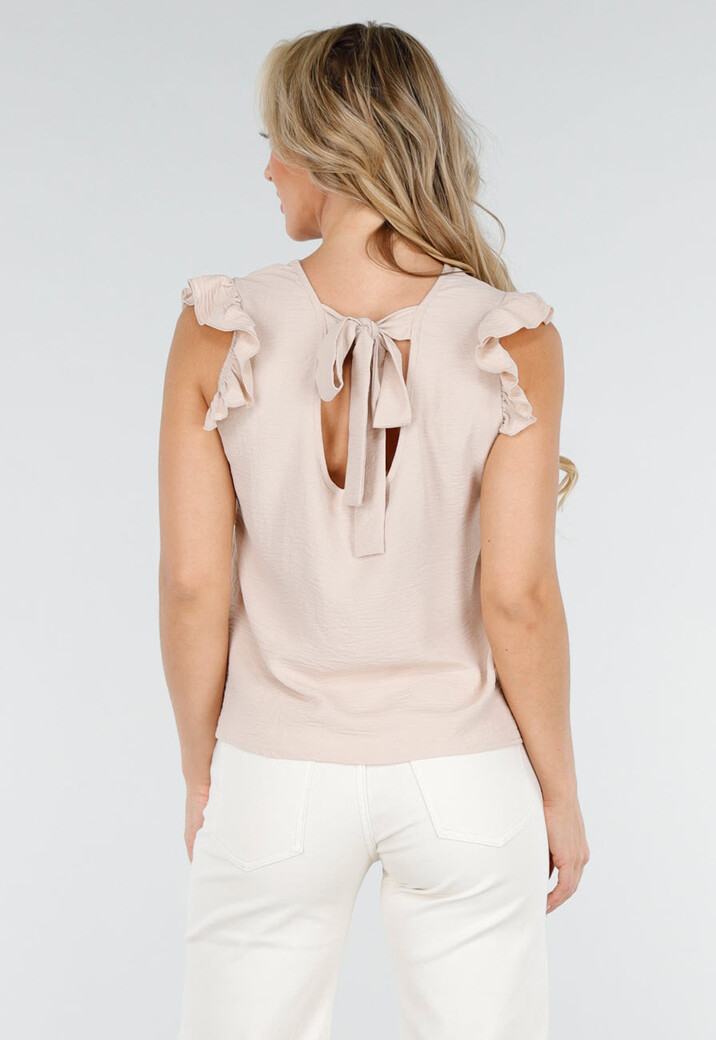 Beige Mouwloze Top met Volants bij de Schouders en Strik