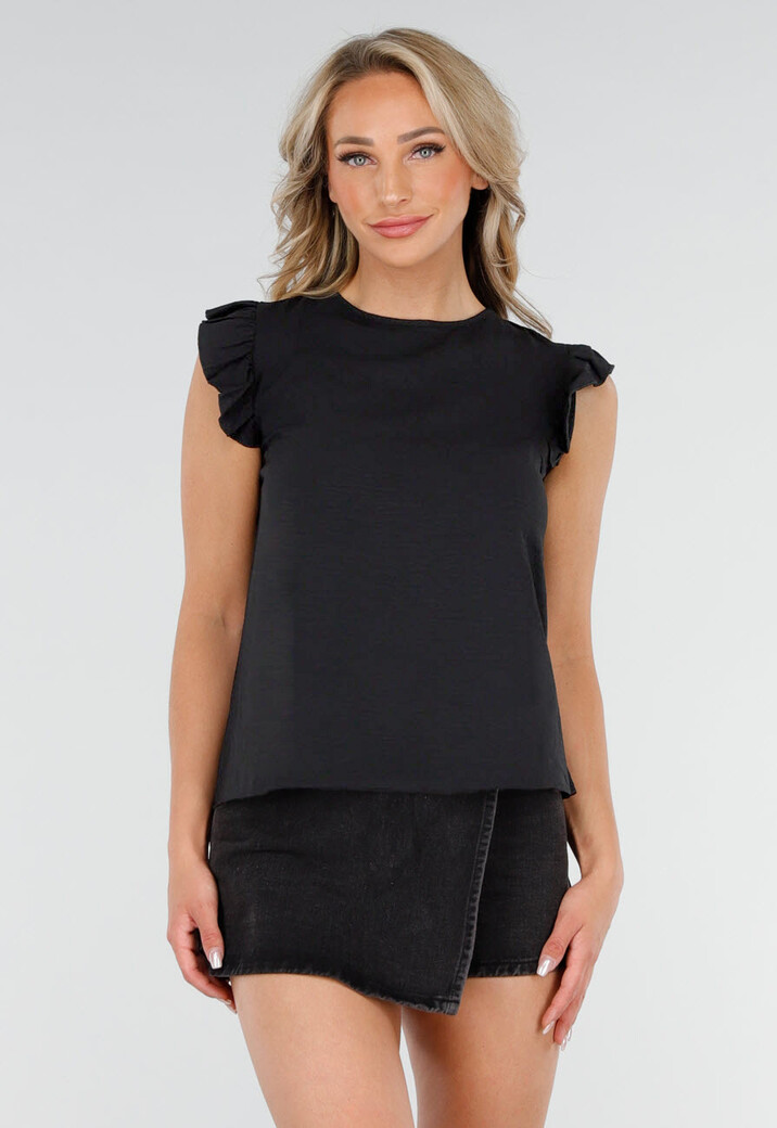 Zwarte  Mouwloze Top met Volants bij de Schouders en Strik