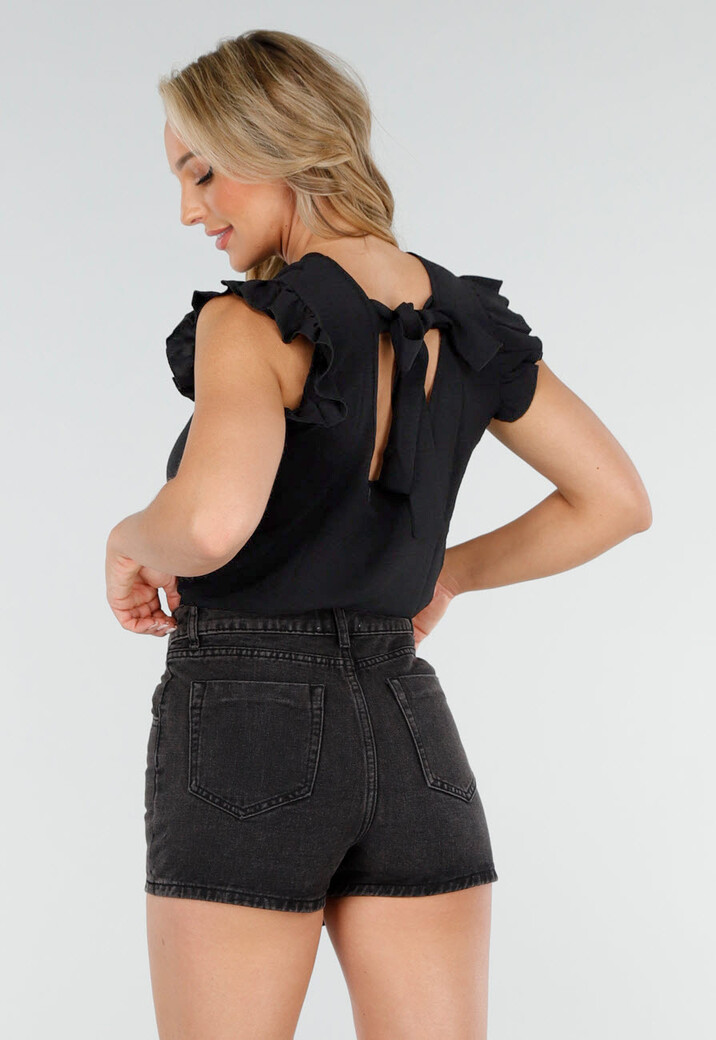 Zwarte  Mouwloze Top met Volants bij de Schouders en Strik