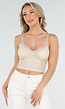 Beige Mesh Crop Top met Kant, V-Hals en Pads