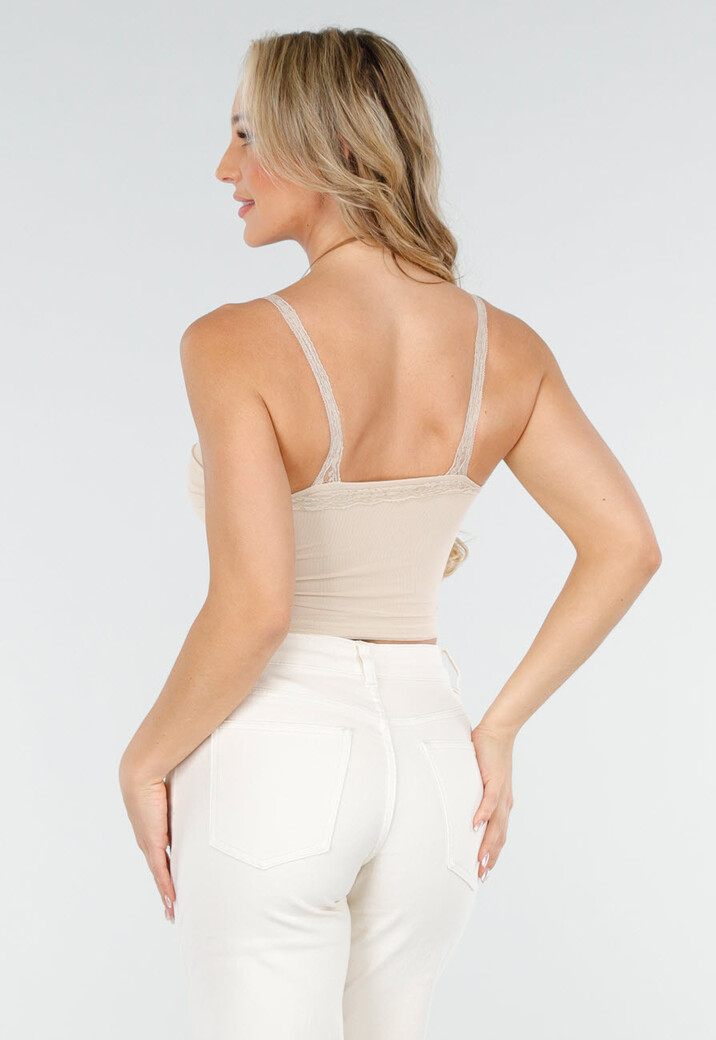 Beige Mesh Crop Top met Kant, V-Hals en Pads