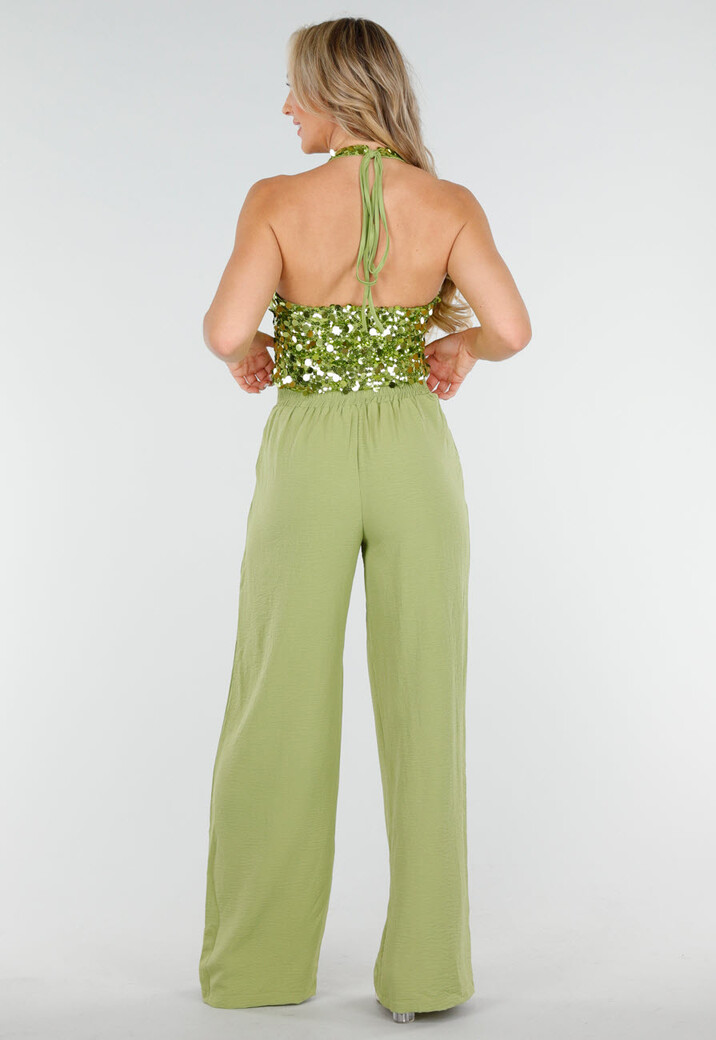Groene Pailletten Haltertop met Open Rug