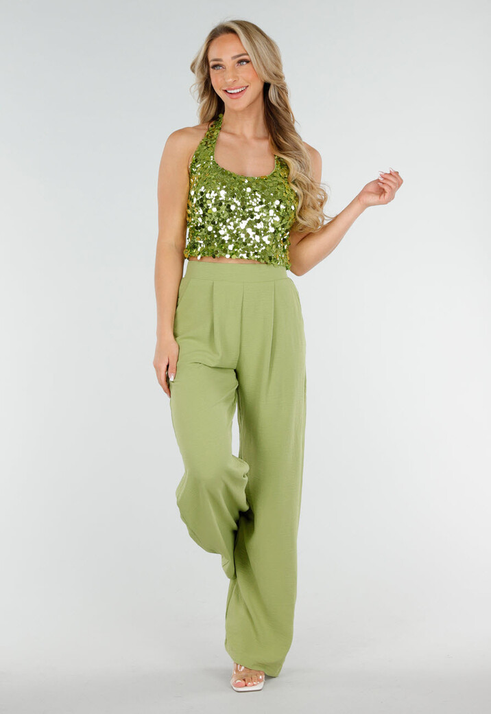 Groene Pailletten Haltertop met Open Rug
