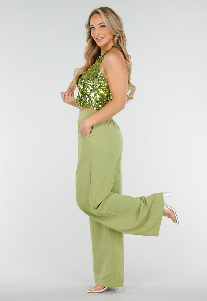 Groene Pailletten Haltertop met Open Rug