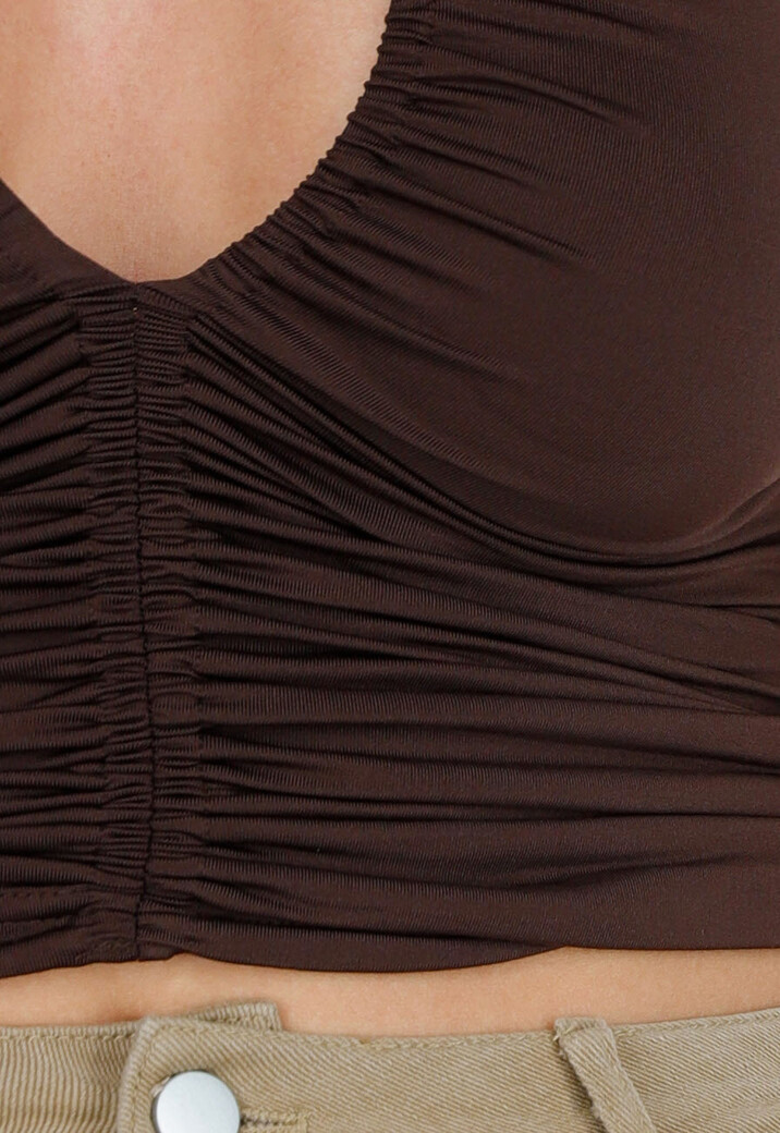 Bruine Haltertop met Plooien, Open Rug en Stretch