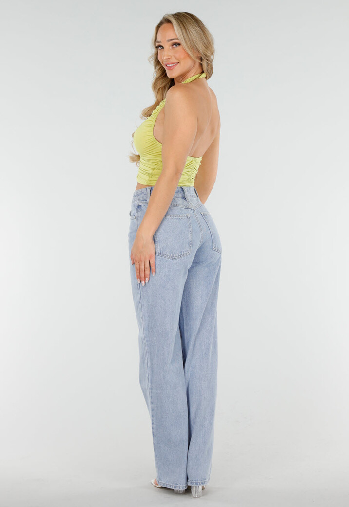 Olijfgroene Haltertop met Plooien, Open Rug en Stretch