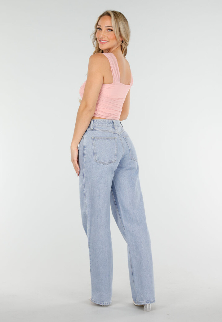 Lichtroze Mesh Off Shoulder Top met Drapé en Stretch